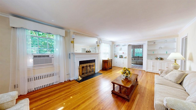 32 Biltmore Ave, Yonkers, NY 10710 - living room with radiator heating unit, light wood-type flooring, a fireplace with flush hearth, crown molding, and built in shelves