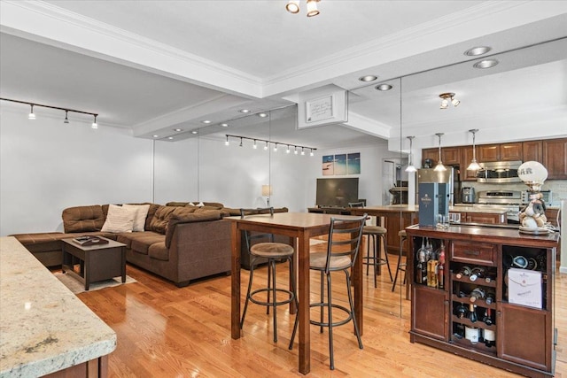 81 Edwards St Unit T, Roslyn Heights, NY 11577 - living area featuring light wood-type flooring, crown molding, and rail lighting