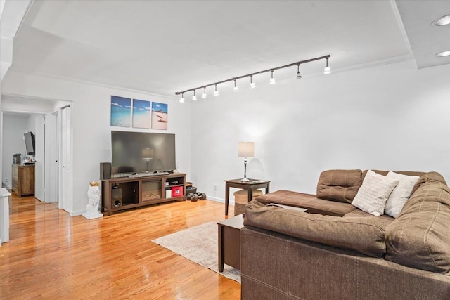 81 Edwards St Unit T, Roslyn Heights, NY 11577 - living room with track lighting, recessed lighting, light wood finished floors, and crown molding