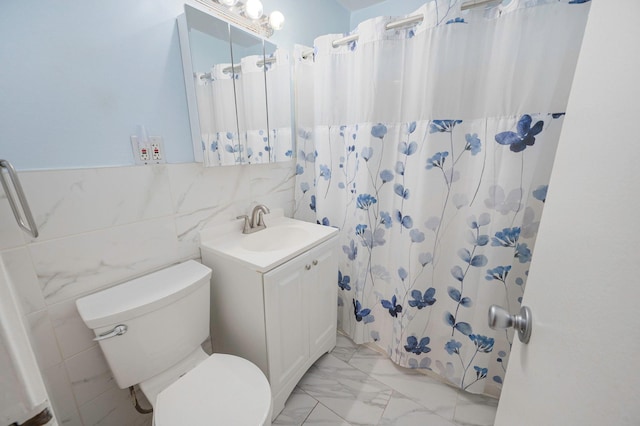 18 Ivy St Unit 4A, Farmingdale, NY 11735 - full bathroom with marble finish flooring, vanity, tile walls, and a shower with shower curtain