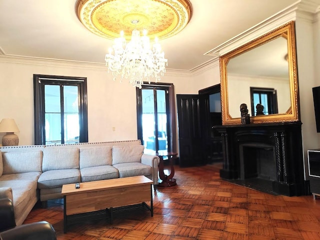 12 Monell Pl, Beacon, NY 12508 - living area with plenty of natural light, a chandelier, crown molding, and a fireplace