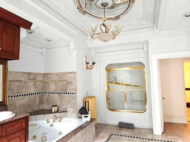 12 Monell Pl, Beacon, NY 12508 - bathroom with a whirlpool tub, ornamental molding, a chandelier, tile patterned floors, and vanity