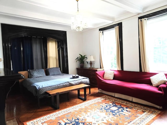12 Monell Pl, Beacon, NY 12508 - bedroom with multiple windows, a chandelier, beamed ceiling, and ornamental molding