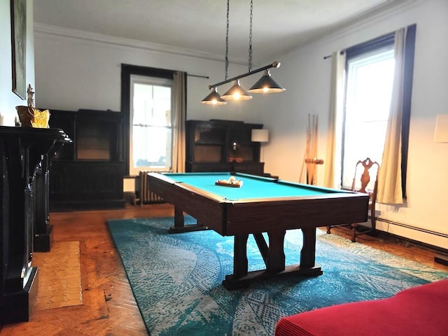 12 Monell Pl, Beacon, NY 12508 - playroom featuring ornamental molding, plenty of natural light, billiards, and a baseboard heating unit