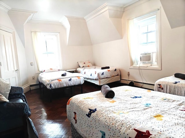 12 Monell Pl, Beacon, NY 12508 - bedroom featuring baseboard heating, crown molding, and cooling unit