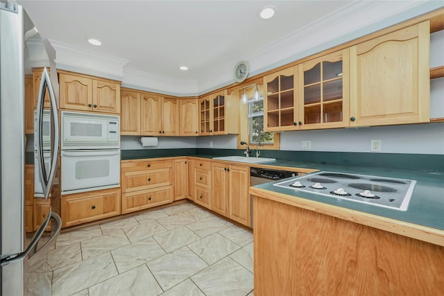 31 Neptune Ave, Mastic, NY 11950 - kitchen featuring white appliances, light marble finish flooring, crown molding, glass insert cabinets, and light brown cabinetry