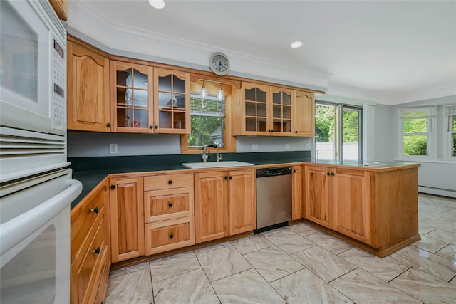 31 Neptune Ave, Mastic, NY 11950 - kitchen with white appliances, a peninsula, glass insert cabinets, dark countertops, and light marble finish flooring