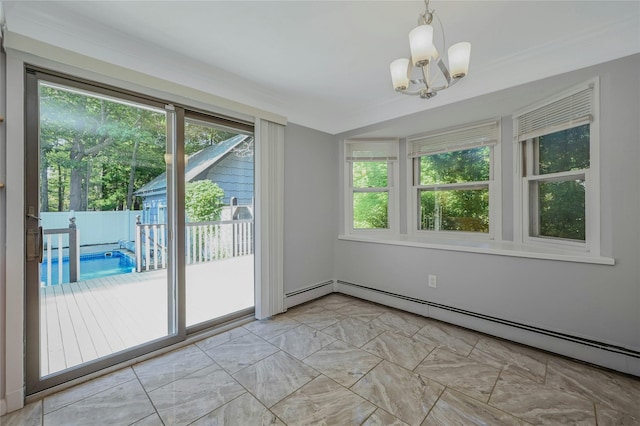 31 Neptune Ave, Mastic, NY 11950 - spare room with baseboard heating, a chandelier, light marble finish floors, and plenty of natural light