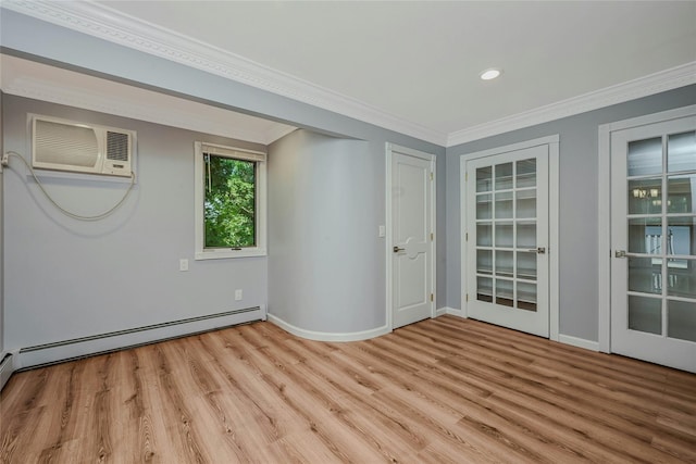 31 Neptune Ave, Mastic, NY 11950 - empty room with light wood-style floors, ornamental molding, an AC wall unit, recessed lighting, and a baseboard heating unit