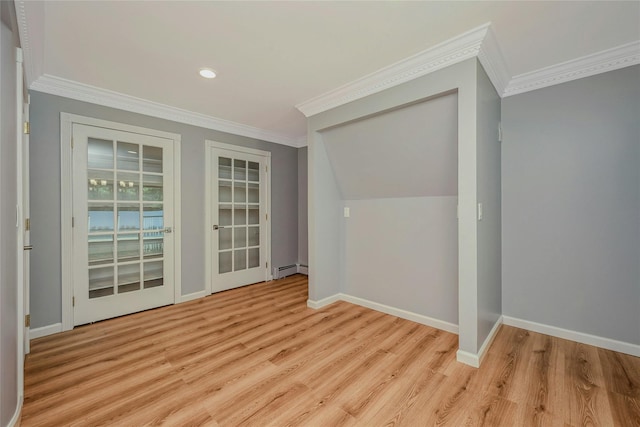 31 Neptune Ave, Mastic, NY 11950 - empty room with light wood-style floors, ornamental molding, a baseboard radiator, and recessed lighting