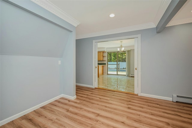 31 Neptune Ave, Mastic, NY 11950 - unfurnished room with wood finished floors, a chandelier, ornamental molding, a baseboard radiator, and a baseboard heating unit