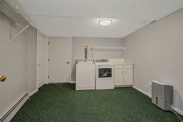 31 Neptune Ave, Mastic, NY 11950 - laundry room featuring a baseboard radiator, dark colored carpet, washing machine and clothes dryer, and cabinet space