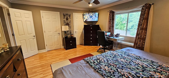 12 Omni Parc Dr, Nanuet, NY 10954 - bedroom with light wood-style floors, crown molding, multiple closets, ceiling fan, and an office area
