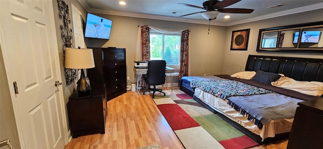 12 Omni Parc Dr, Nanuet, NY 10954 - bedroom with wood finished floors, crown molding, recessed lighting, an office area, and ceiling fan
