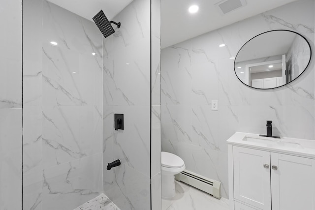 1070 Kelly St, Bronx, NY 10459 - full bath with a baseboard radiator, marble finish flooring, vanity, tile walls, and a marble finish shower