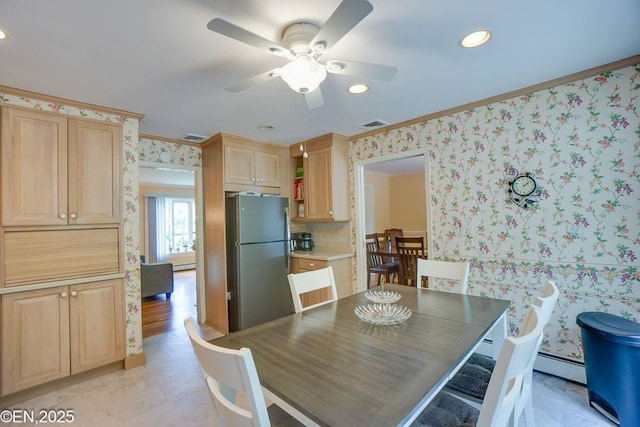 193 Washington Ave, Tappan, NY 10983 - dining area with ornamental molding, wallpapered walls, a ceiling fan, recessed lighting, and a baseboard heating unit