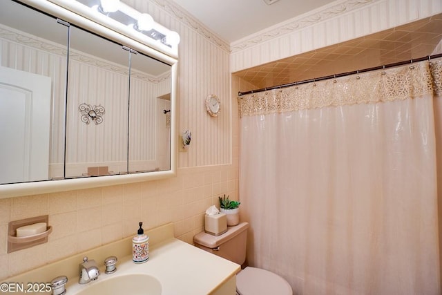 193 Washington Ave, Tappan, NY 10983 - bathroom with vanity, curtained shower, backsplash, wallpapered walls, and tile walls