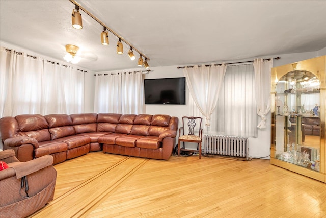 48 Carstairs Rd, Valley Stream, NY 11581 - living room with radiator, wood finished floors, and rail lighting