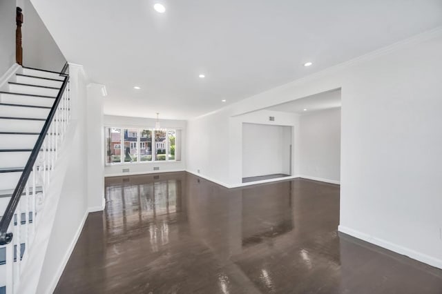 32 Clarkson Rd, Centereach, NY 11720 - unfurnished living room featuring stairs, recessed lighting, a chandelier, wood finished floors, and ornamental molding