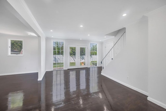 32 Clarkson Rd, Centereach, NY 11720 - unfurnished living room featuring recessed lighting, plenty of natural light, stairway, and ornamental molding