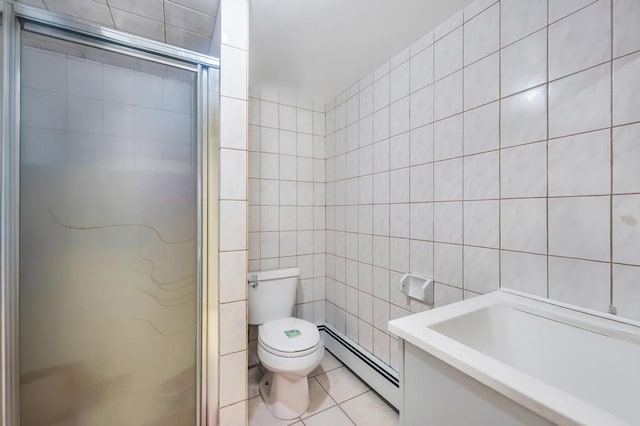 32 Clarkson Rd, Centereach, NY 11720 - full bath featuring a baseboard heating unit, tile walls, a shower stall, and tile patterned flooring