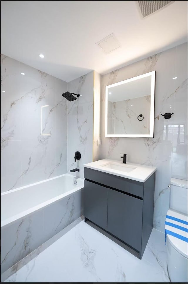 108-15 72nd Ave Unit 6A, Forest Hills, NY 11375 - bathroom featuring vanity, marble tiled flooring, and a combined bath / shower with marble appearance