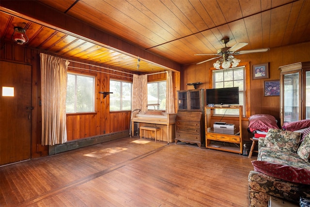 353 W Elm Rd, Mastic Beach, NY 11951 - living room featuring wood ceiling, wood walls, hardwood / wood-style flooring, a ceiling fan, and baseboard heating