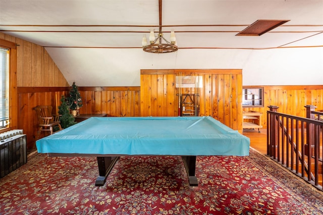 353 W Elm Rd, Mastic Beach, NY 11951 - playroom featuring wood walls, radiator, pool table, and lofted ceiling