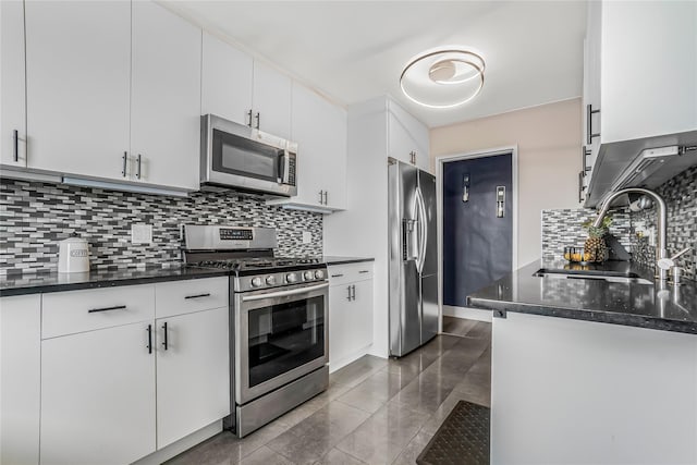 5444 Little Neck Pkwy Unit 6C, Little Neck, NY 11362 - kitchen featuring appliances with stainless steel finishes, tasteful backsplash, white cabinets, and dark tile patterned floors