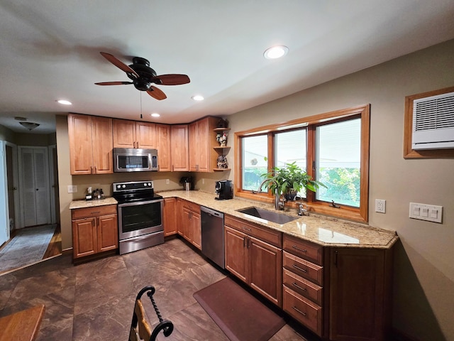 356 Montgomery Ave, West Babylon, NY 11704 - kitchen featuring stainless steel appliances, a ceiling fan, light stone counters, recessed lighting, and open shelves