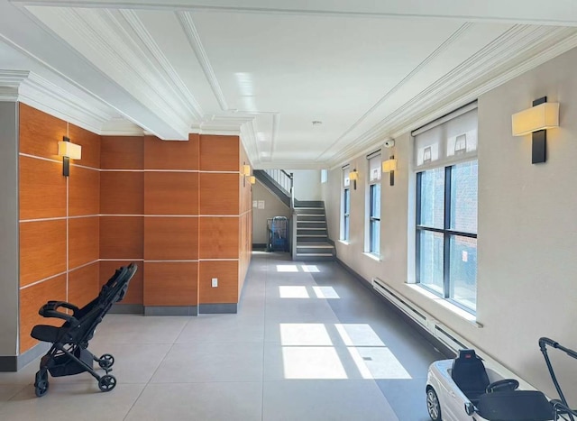 132-30 Sanford Ave Unit 4F, Flushing, NY 11355 - corridor featuring crown molding, stairs, and tile patterned flooring