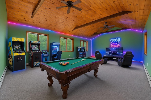 10 May Knl, Dover Plains, NY 12522 - rec room featuring a ceiling fan, carpet floors, billiards, baseboard heating, and wooden ceiling