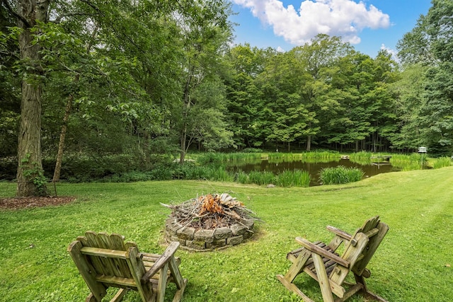 979 Duell Rd, Stanfordville, NY 12581 - view of green lawn featuring an outdoor fire pit, a water view, and a view of trees