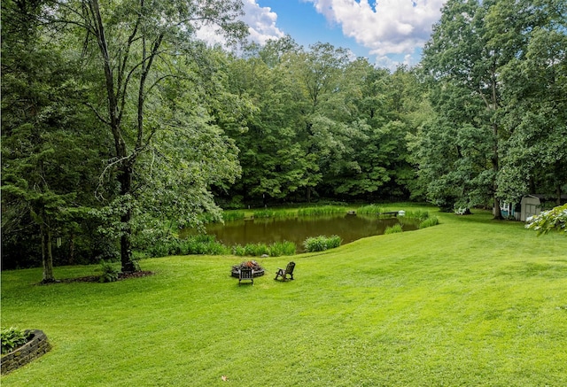 979 Duell Rd, Stanfordville, NY 12581 - view of grassy yard with a fire pit, a water view, a shed, and a wooded view
