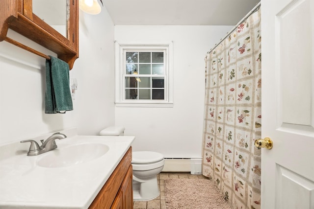 979 Duell Rd, Stanfordville, NY 12581 - full bathroom with vanity, baseboard heating, tile patterned floors, and a shower with shower curtain