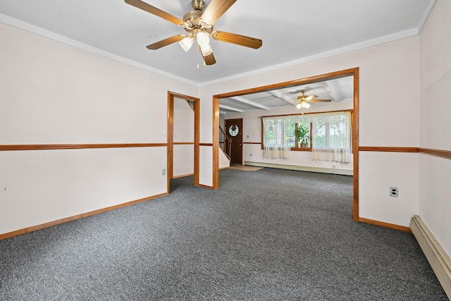 129 Spring Ln, Levittown, NY 11756 - empty room featuring a baseboard heating unit, dark colored carpet, a ceiling fan, and ornamental molding