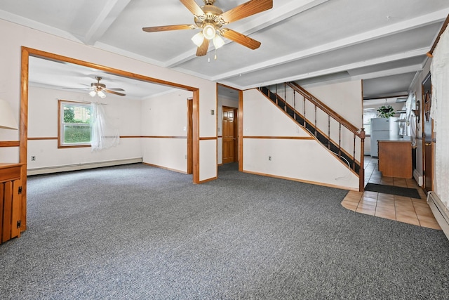 129 Spring Ln, Levittown, NY 11756 - unfurnished living room featuring a baseboard radiator, carpet floors, ceiling fan, beam ceiling, and stairway