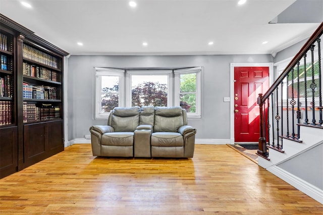 22 Sharon Dr, Spring Valley, NY 10977 - living room featuring light wood-style flooring, stairway, recessed lighting, and ornamental molding