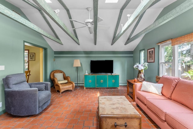 77 Nancy Blvd, Merrick, NY 11566 - living area featuring high vaulted ceiling, a baseboard radiator, and ceiling fan