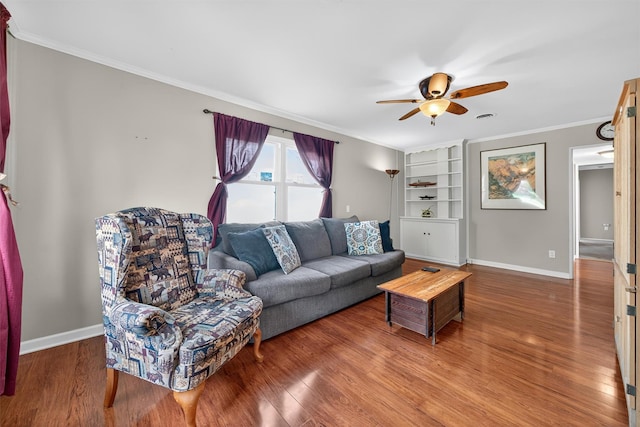 9 Grandview Ave, Middletown, NY 10940 - living room featuring a ceiling fan, wood finished floors, crown molding, and built in features