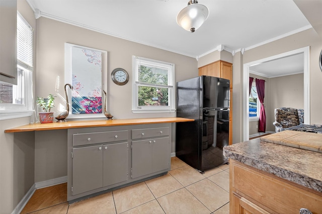 9 Grandview Ave, Middletown, NY 10940 - kitchen with freestanding refrigerator, gray cabinets, light tile patterned flooring, and ornamental molding