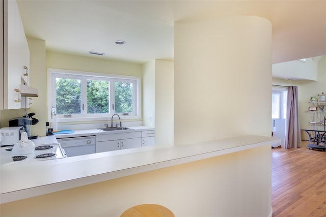 10 Bayview Rd, Remsenburg, NY 11960 - kitchen with white dishwasher, light countertops, light wood finished floors, under cabinet range hood, and white cabinets