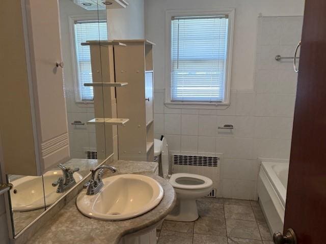 624 Adams Ave, Lindenhurst, NY 11757 - full bathroom with radiator, tile walls, tile patterned flooring, a tub, and a shower