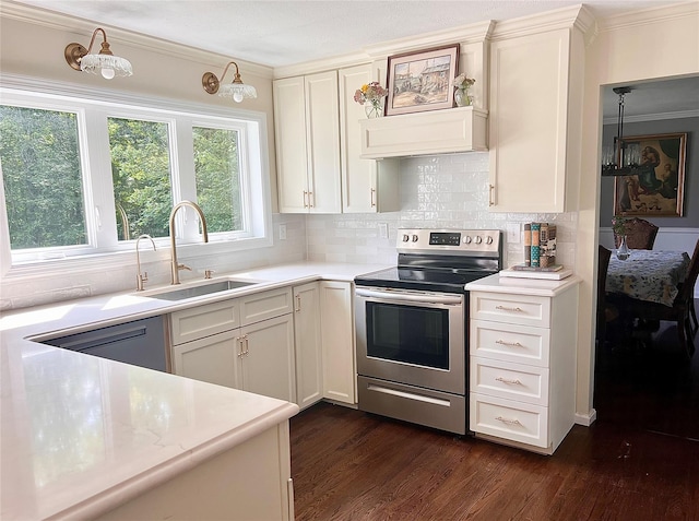 306 S Centerville Rd, Middletown, NY 10940 - kitchen with appliances with stainless steel finishes, dark wood finished floors, decorative backsplash, light countertops, and crown molding