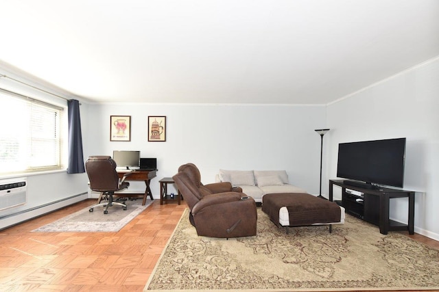 101 Lincoln Ave Unit 3K, Mineola, NY 11501 - living room with crown molding, a desk, and a wall mounted air conditioner