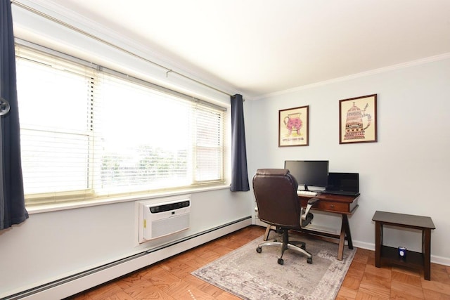 101 Lincoln Ave Unit 3K, Mineola, NY 11501 - office area featuring baseboard heating, crown molding, and a wall mounted air conditioner