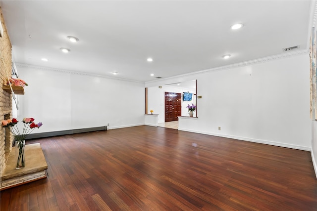 154-70 11th Ave, Beechhurst, NY 11357 - unfurnished living room featuring ornamental molding, wood finished floors, a baseboard heating unit, a fireplace, and recessed lighting