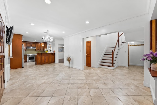 154-70 11th Ave, Beechhurst, NY 11357 - unfurnished living room with a chandelier, stairway, recessed lighting, and crown molding