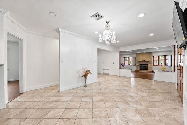 154-70 11th Ave, Beechhurst, NY 11357 - unfurnished living room with ornamental molding, a chandelier, recessed lighting, and a brick fireplace