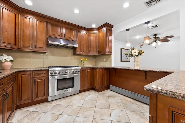 154-70 11th Ave, Beechhurst, NY 11357 - kitchen with high end stainless steel range oven, under cabinet range hood, baseboard heating, ornamental molding, and a ceiling fan